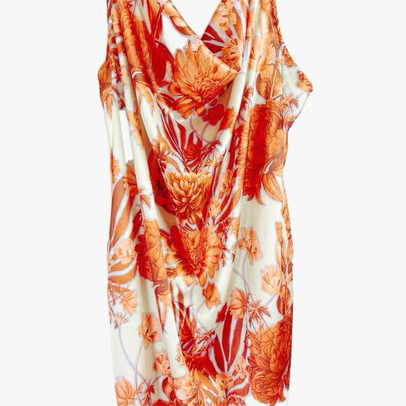Pretty Little Thing Orange Floral Print Satin Cowl Neck Maxi Dress Size 8 - Picture 5 of 11